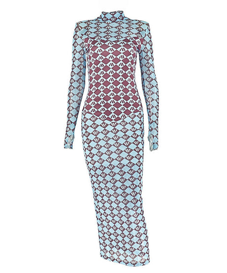 Autumn Chic Geometric Mesh Maxi Dress - Long Sleeve Statement Style