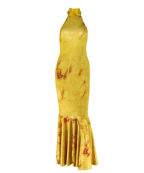 Autumn Glow Halter Mermaid Maxi Dress - Backless & Figure-Flattering Artisan Print