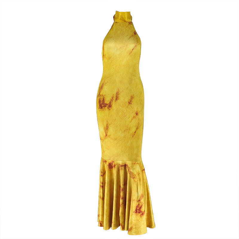 Autumn Glow Halter Mermaid Maxi Dress - Backless & Figure-Flattering Artisan Print