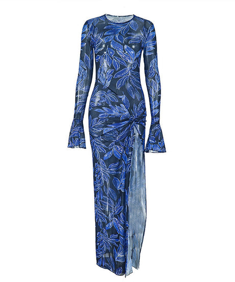 Mesmerizing Blue Leaf Mesh Maxi Dress | Flared Sleeves, Chic Slit & Knot Detail - Perfect for Fall Events & Getaways