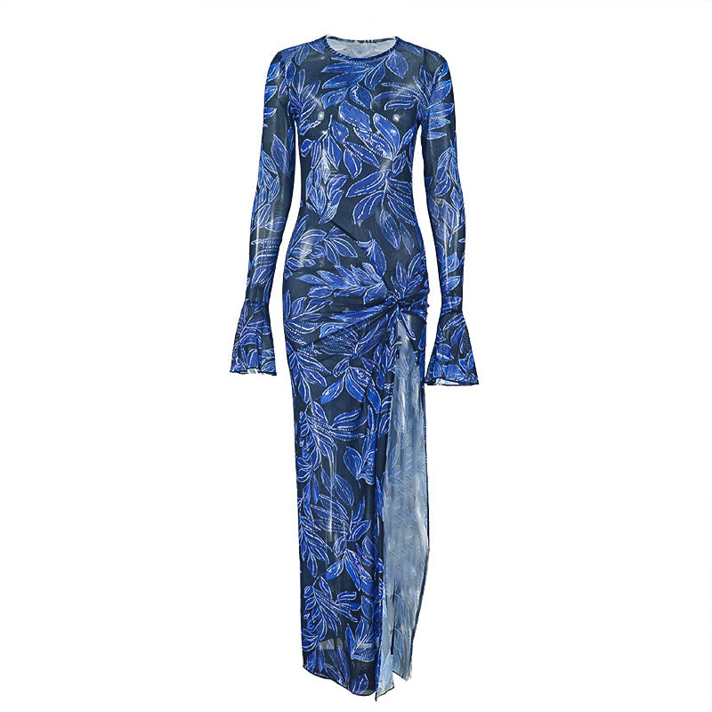Mesmerizing Blue Leaf Mesh Maxi Dress | Flared Sleeves, Chic Slit & Knot Detail - Perfect for Fall Events & Getaways