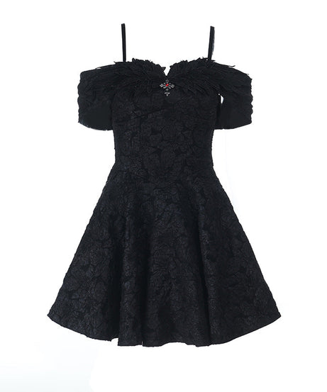 Enchanting Black Gothic Off-Shoulder Mini Dress - Textured Elegance for Fall & Halloween