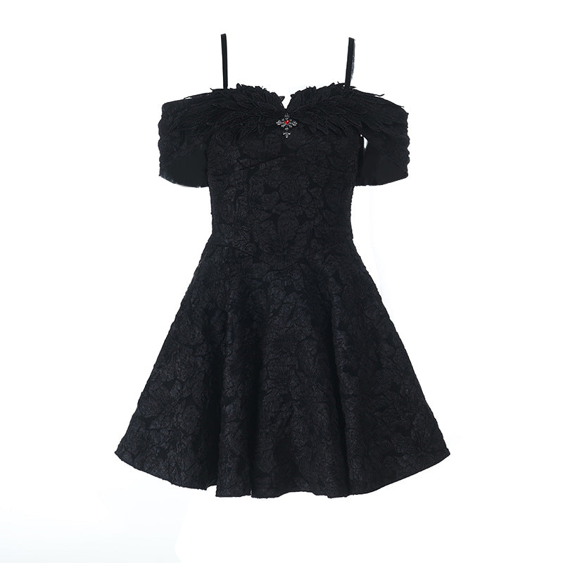 Enchanting Black Gothic Off-Shoulder Mini Dress - Textured Elegance for Fall & Halloween