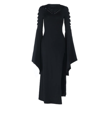 Bewitching Gothic Maxi Dress - Bell Sleeves, High Slit & Mesh | Halloween & Dark Elegance