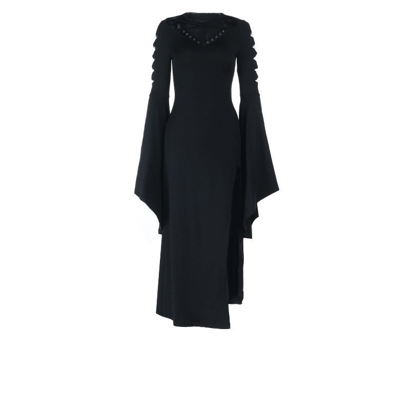 Bewitching Gothic Maxi Dress - Bell Sleeves, High Slit & Mesh | Halloween & Dark Elegance