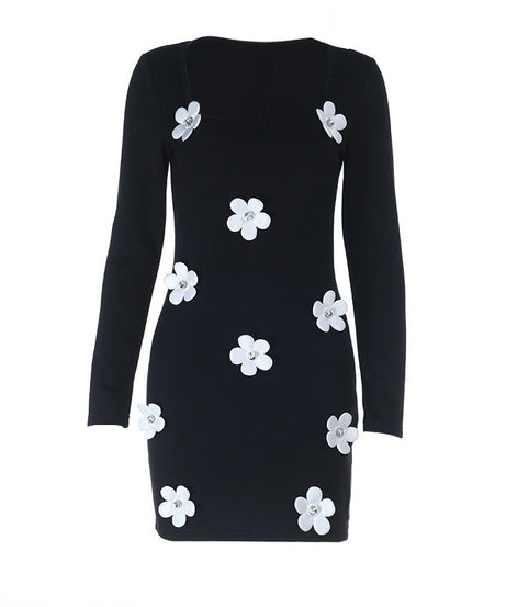 Black 3D Floral Long Sleeve Mini Dress - Holiday Party & Date Night Chic