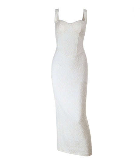 Sculpted Elegance: White Lace Bustier Maxi Dress | Fall & Holiday Party Ready