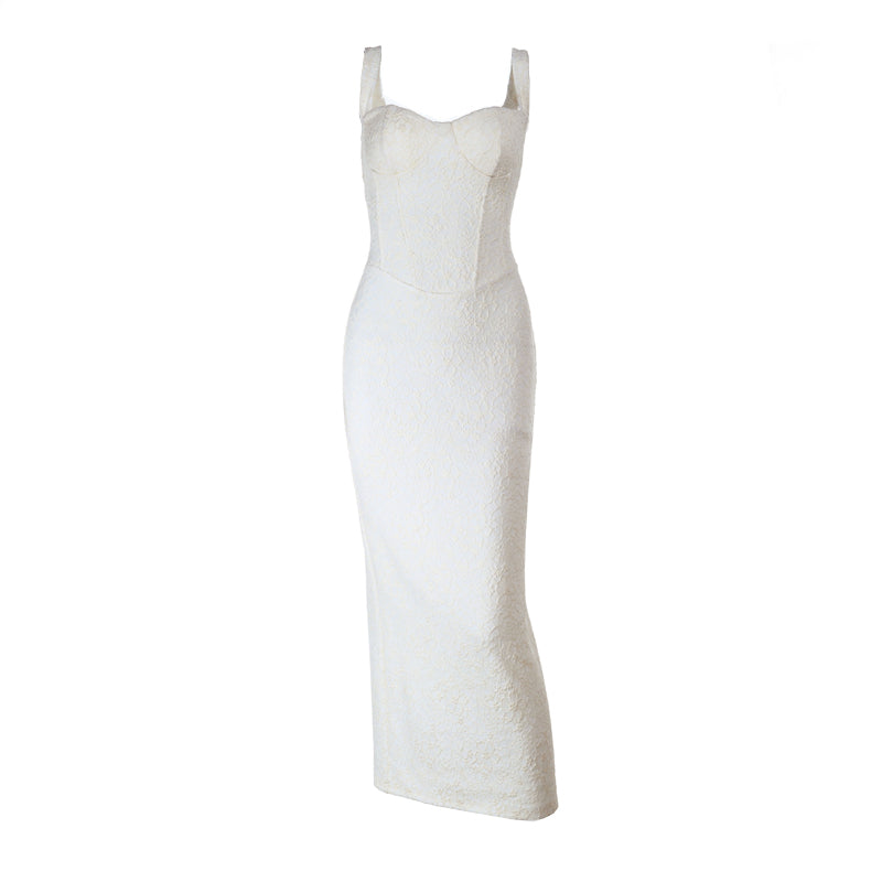 Sculpted Elegance: White Lace Bustier Maxi Dress | Fall & Holiday Party Ready