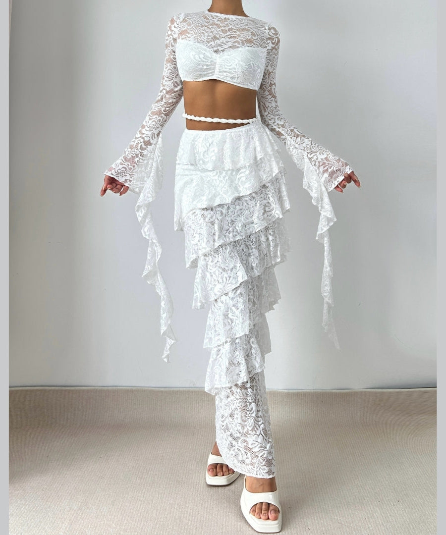 Ethereal Lace Ruffle Two-Piece Maxi Set - Haute Halloween & Resort Ready