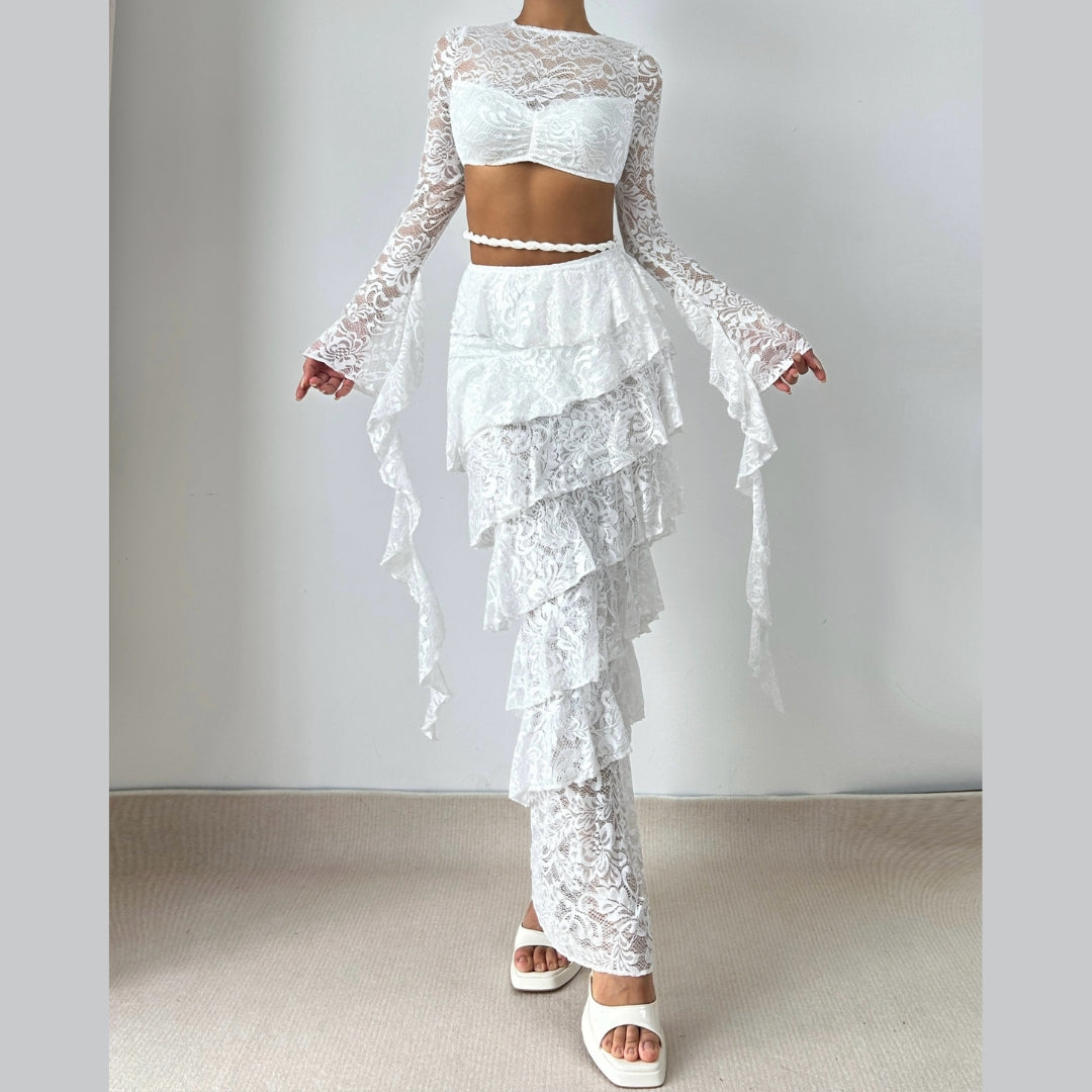 Ethereal Lace Ruffle Two-Piece Maxi Set - Haute Halloween & Resort Ready