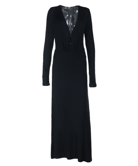 Effortless Chic: Black V-Neck Long Sleeve Ruched Maxi Dress - Perfect for Fall & Holiday Elegance