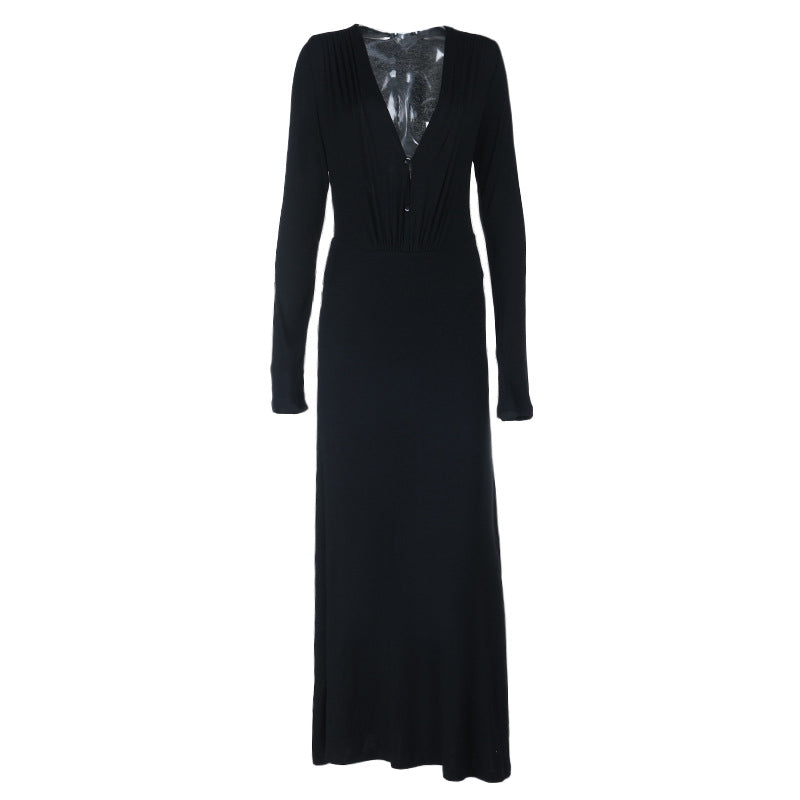 Effortless Chic: Black V-Neck Long Sleeve Ruched Maxi Dress - Perfect for Fall & Holiday Elegance