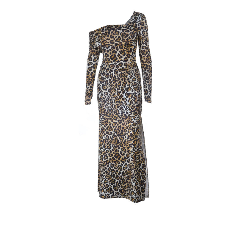 Fierce Leopard Print One-Shoulder Long Sleeve Maxi Dress with High Slit | Fall & Holiday Party Ready