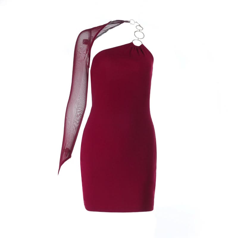 Daring Burgundy One-Shoulder O-Ring Bodycon Mini Dress - Holiday & NYE Glam