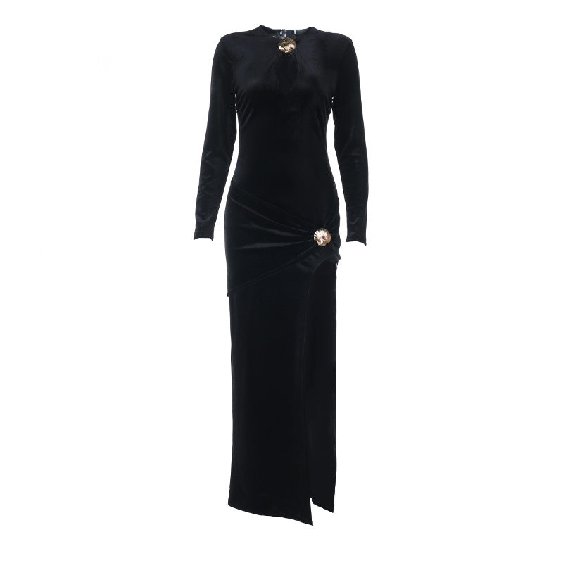 Luxurious Black Velvet Maxi Dress with Keyhole & Slit - Your Stunning Holiday & New Year's Eve Ensemble