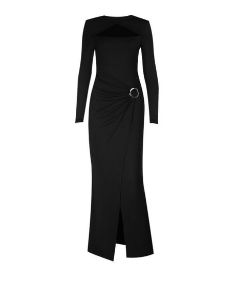 Elegant Burgundy O-Ring Slit Maxi Dress | Chic Long Sleeve Cutout Gown for Fall & Holiday Parties