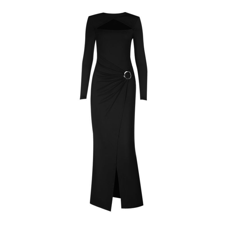 Elegant Burgundy O-Ring Slit Maxi Dress | Chic Long Sleeve Cutout Gown for Fall & Holiday Parties