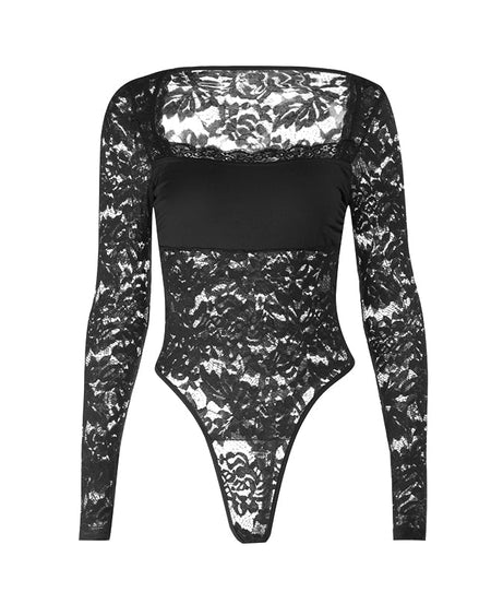 Chic Burgundy Lace Square Neck Bodysuit - Long Sleeve Fall & Holiday Essential