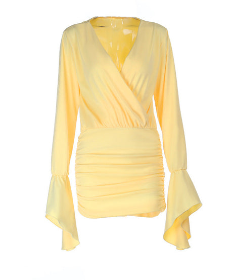Effortless Chic Buttery Yellow Ruched Mini Dress | Bell Sleeve Bodycon for Fall & Holiday Parties