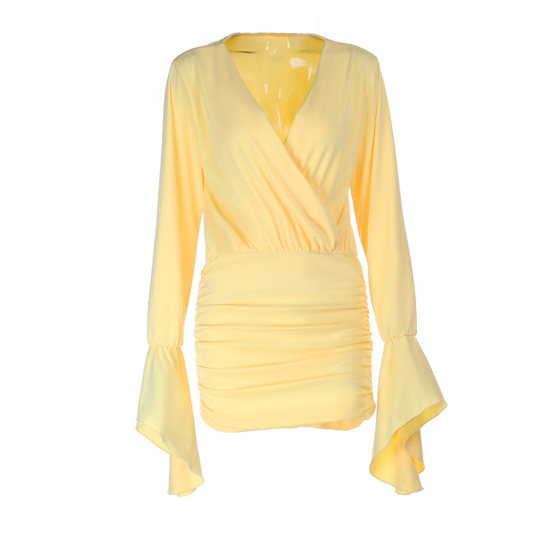 Effortless Chic Buttery Yellow Ruched Mini Dress | Bell Sleeve Bodycon for Fall & Holiday Parties