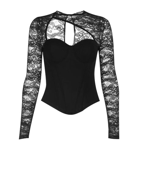 Sultry Black Lace Long Sleeve Cut-Out Corset Top - Fall & Holiday Party Ready