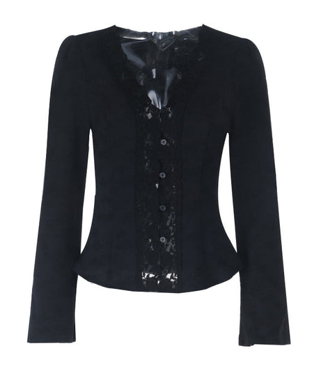 Elegant Black Lace V-Neck Blouse | Button-Front Long Sleeve Top for Fall & Holiday Chic