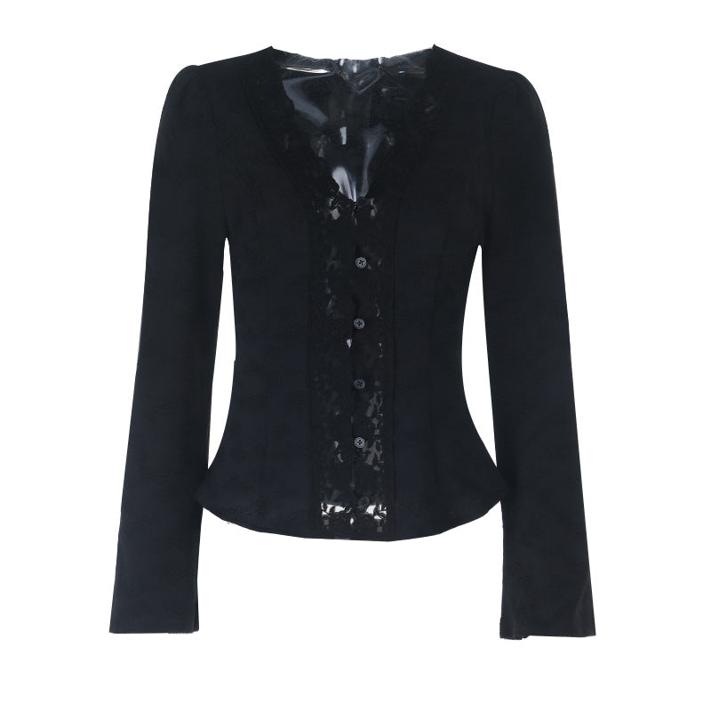 Elegant Black Lace V-Neck Blouse | Button-Front Long Sleeve Top for Fall & Holiday Chic