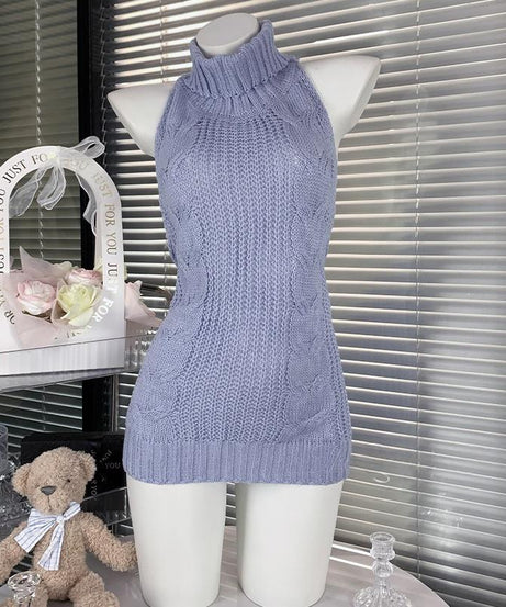 Effortless Chic Lavender Halter Knit Mini Dress - Cozy Backless Style for Fall & Holiday Parties
