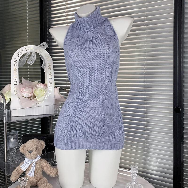 Effortless Chic Lavender Halter Knit Mini Dress - Cozy Backless Style for Fall & Holiday Parties