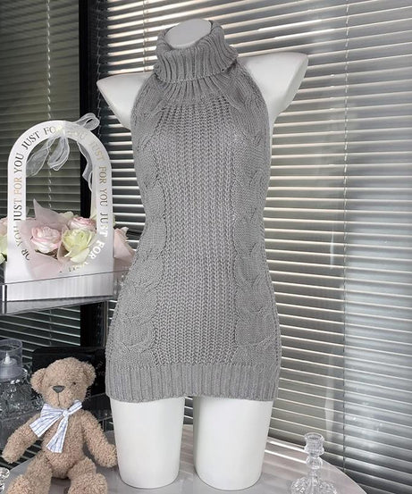 Effortless Chic Lavender Halter Knit Mini Dress - Cozy Backless Style for Fall & Holiday Parties