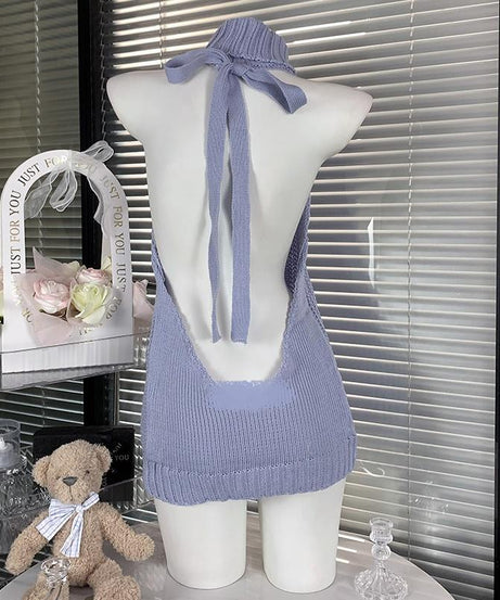 Effortless Chic Lavender Halter Knit Mini Dress - Cozy Backless Style for Fall & Holiday Parties