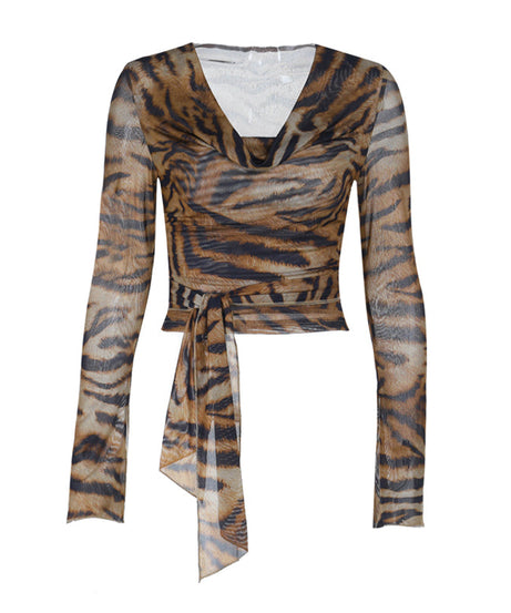 Fierce & Chic Tiger Print Cowl Neck Self-Tie Top | Fall & Holiday Statement