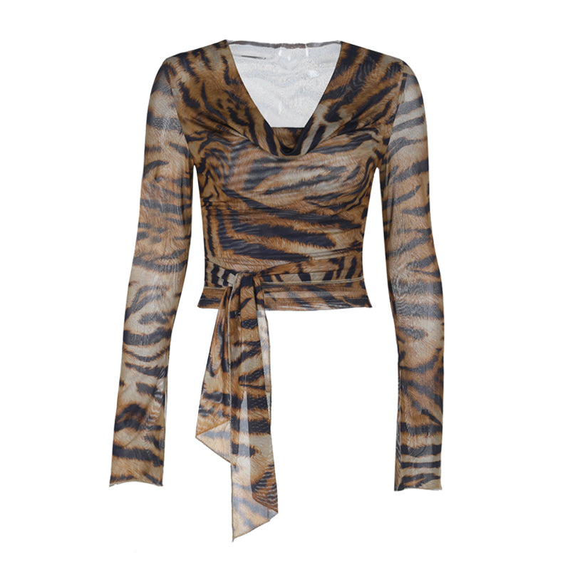Fierce & Chic Tiger Print Cowl Neck Self-Tie Top | Fall & Holiday Statement