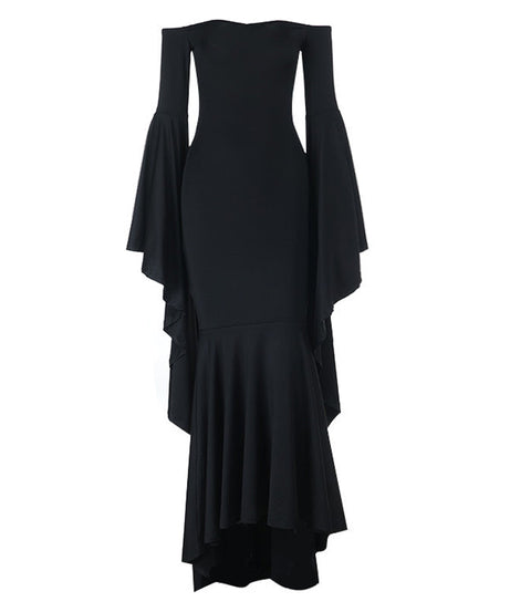 Dramatic Gothic Witchy Black Off-Shoulder Maxi Dress - Enchanting Bell Sleeves for Halloween & Fall Evenings