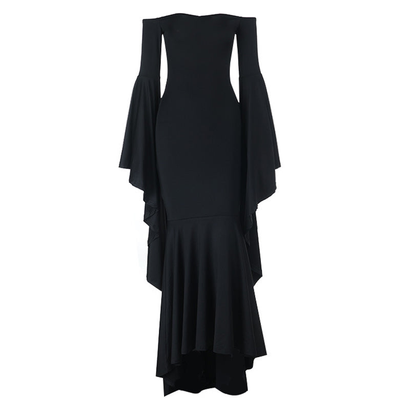 Dramatic Gothic Witchy Black Off-Shoulder Maxi Dress - Enchanting Bell Sleeves for Halloween & Fall Evenings