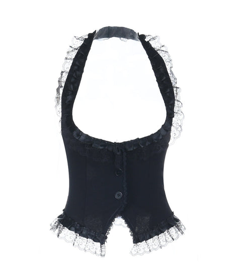 Gothic Halter Vest & Ruffled Mini Skirt Set – Spooky Chic Fall & Halloween Fashion