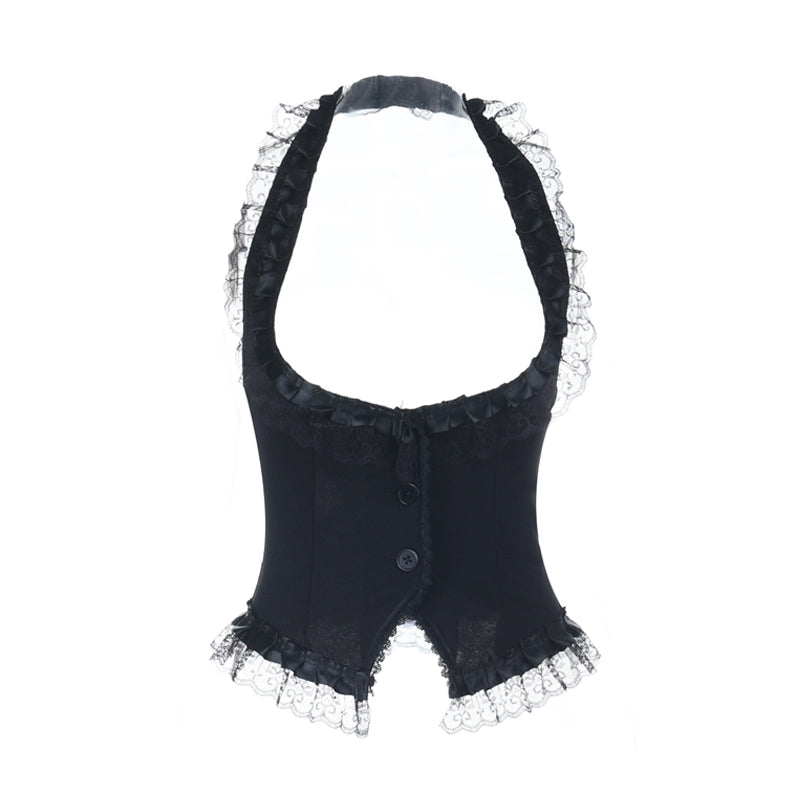 Gothic Halter Vest & Ruffled Mini Skirt Set – Spooky Chic Fall & Halloween Fashion