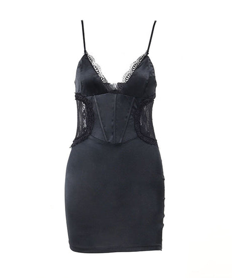 Chic Black Satin Lace Corset Mini Dress | Backless V-Neck for Fall & Holiday Parties