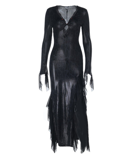 Dark Siren Snakeskin Maxi Dress - Gothic V-Neck Long Sleeve for Halloween & Holiday Parties