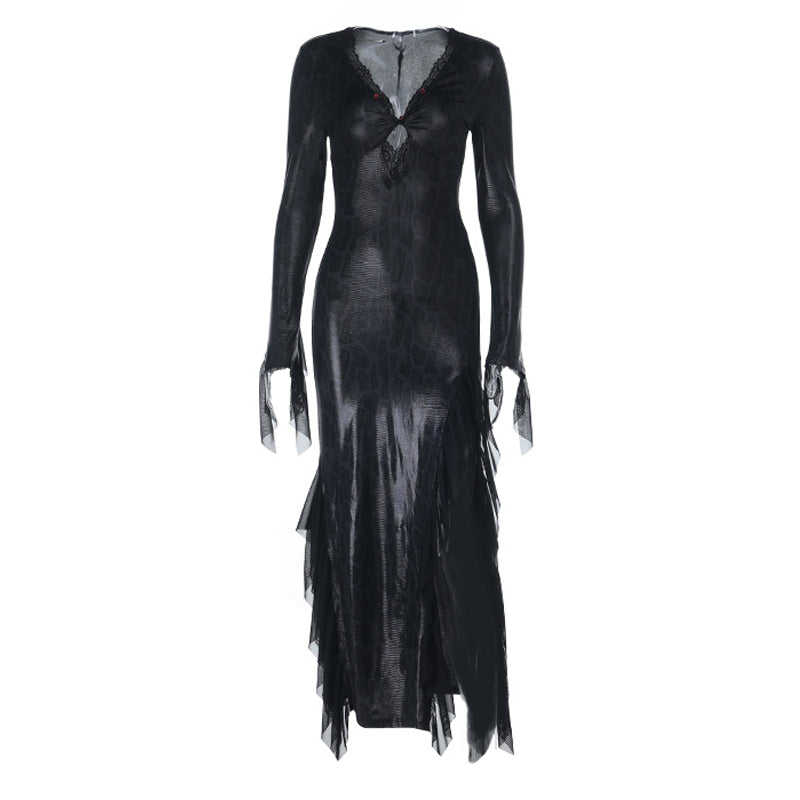 Dark Siren Snakeskin Maxi Dress - Gothic V-Neck Long Sleeve for Halloween & Holiday Parties