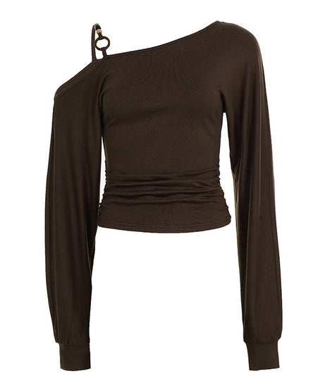Fall Chic: Chocolate Brown O-Ring One-Shoulder Ruched Long Sleeve Top