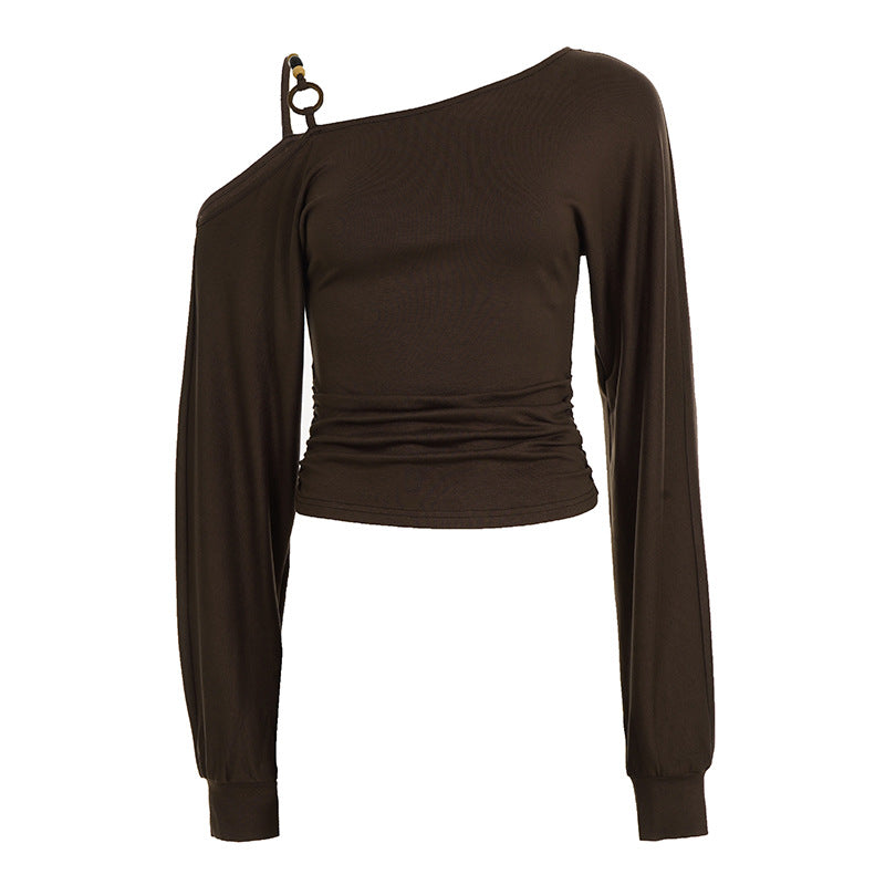 Fall Chic: Chocolate Brown O-Ring One-Shoulder Ruched Long Sleeve Top