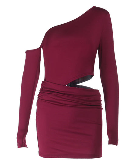 Wine Red One-Shoulder Cutout Ruched Mini Dress - Holiday Party & NYE Ready