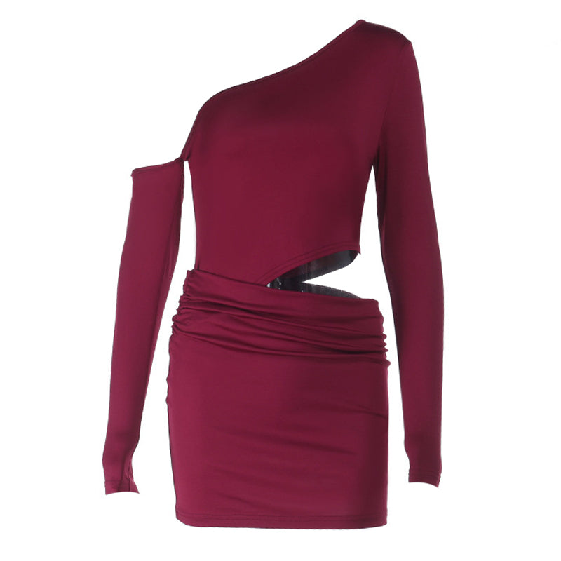Wine Red One-Shoulder Cutout Ruched Mini Dress - Holiday Party & NYE Ready