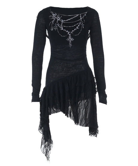 Gothic Chain Draping Long Sleeve Mini Dress - Edgy Fall & Halloween Statement Piece