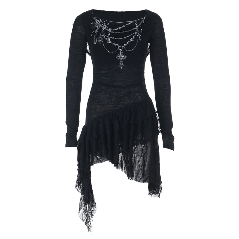 Gothic Chain Draping Long Sleeve Mini Dress - Edgy Fall & Halloween Statement Piece