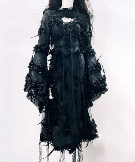 Bewitching Black Gothic Rose Maxi Dress - Dramatic Bell Sleeves, Perfect for Halloween & Fall Soirees