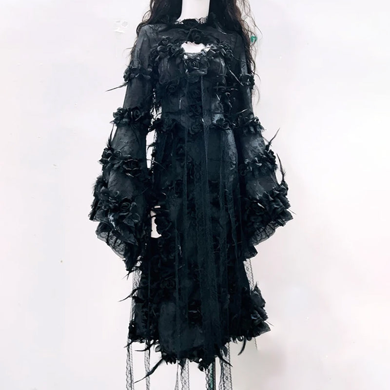 Bewitching Black Gothic Rose Maxi Dress - Dramatic Bell Sleeves, Perfect for Halloween & Fall Soirees