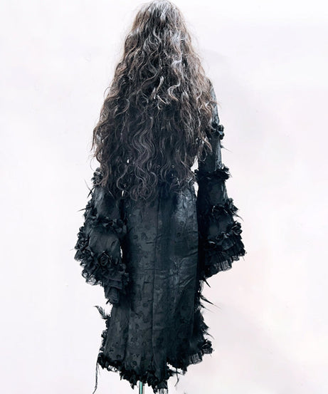 Bewitching Black Gothic Rose Maxi Dress - Dramatic Bell Sleeves, Perfect for Halloween & Fall Soirees