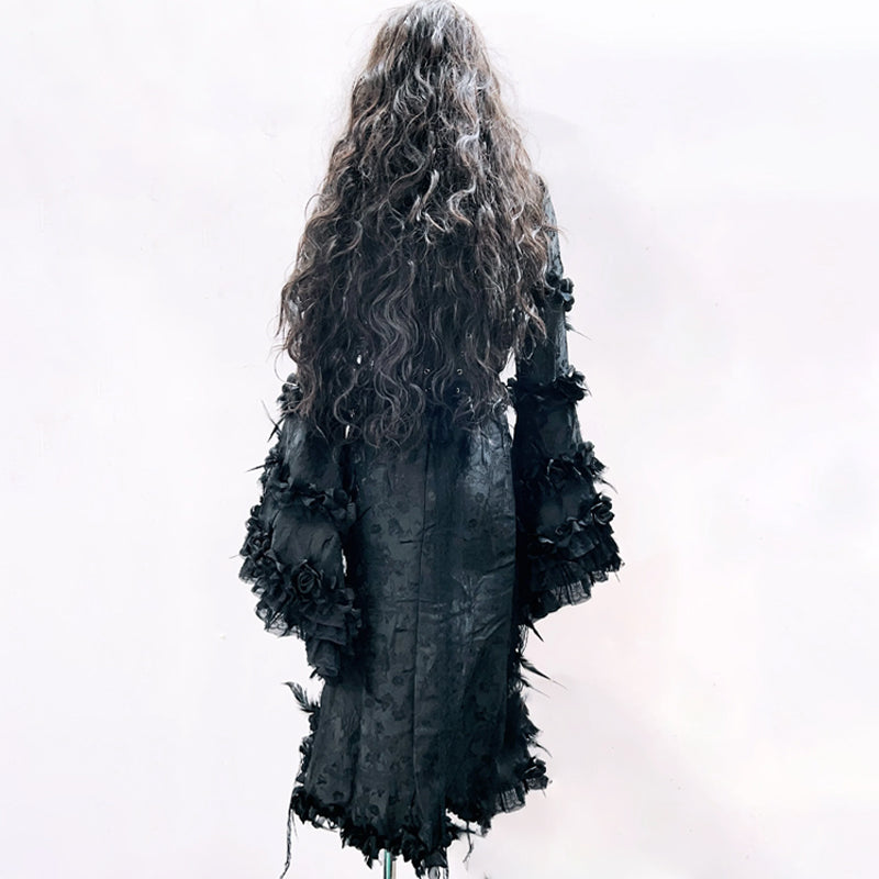 Bewitching Black Gothic Rose Maxi Dress - Dramatic Bell Sleeves, Perfect for Halloween & Fall Soirees